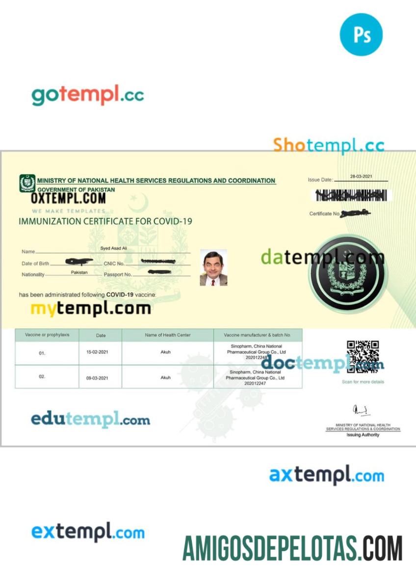 Certificado de imunização do Paquistão para Covid 19 exemplo